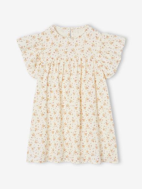Jurk met bloemenprint van katoenen gaas beige+beige, bedrukt+lichtroze+vanille - vertbaudet enfant 