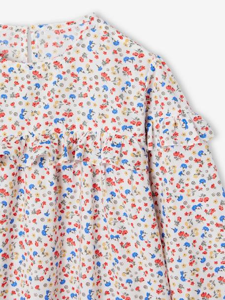 Meisjesblouse met ruches met bloemenprint ecru+marineblauw+wit, bedrukt - vertbaudet enfant 