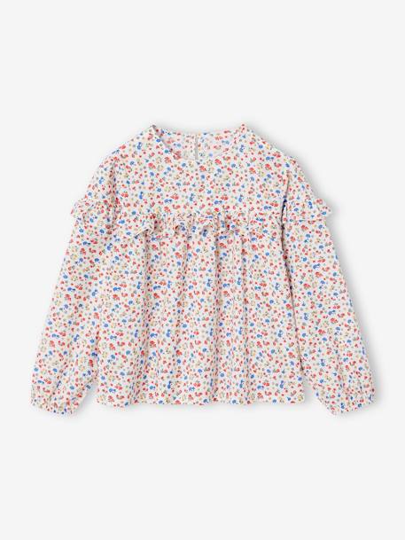Meisjesblouse met ruches met bloemenprint ecru+marineblauw+wit, bedrukt - vertbaudet enfant 