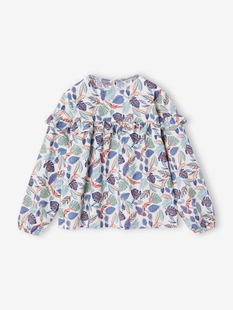 Meisjesblouse met ruches met bloemenprint ecru+marineblauw+wit, bedrukt - vertbaudet enfant 