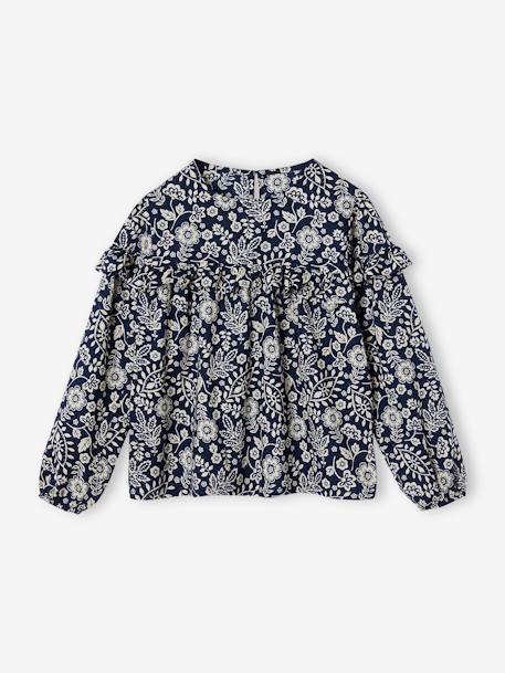 Meisjesblouse met ruches met bloemenprint ecru+marineblauw+wit, bedrukt - vertbaudet enfant 