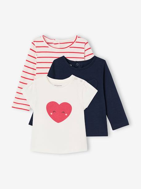 Set van 3 Basics T-shirts met lange mouwen ecru+rood, gestreept - vertbaudet enfant 