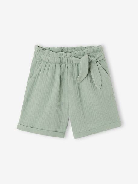 Meisjesshort in 'paperbag'-stijl, van katoengaas beige+felblauw+koraal+saliegroen - vertbaudet enfant 