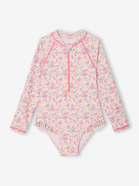 Badpak voor meisjes met lange mouwen roze, bedrukt - vertbaudet enfant 