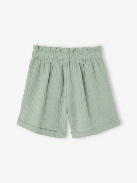 Meisjesshort in 'paperbag'-stijl, van katoengaas beige+felblauw+koraal+saliegroen - vertbaudet enfant 