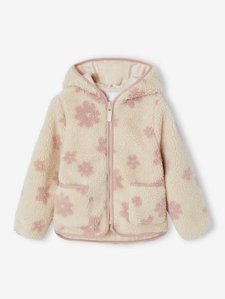 Sherpa vest met capuchon en bloemenprint voor meisjes ecru+vanille+zachtpaars - vertbaudet enfant 