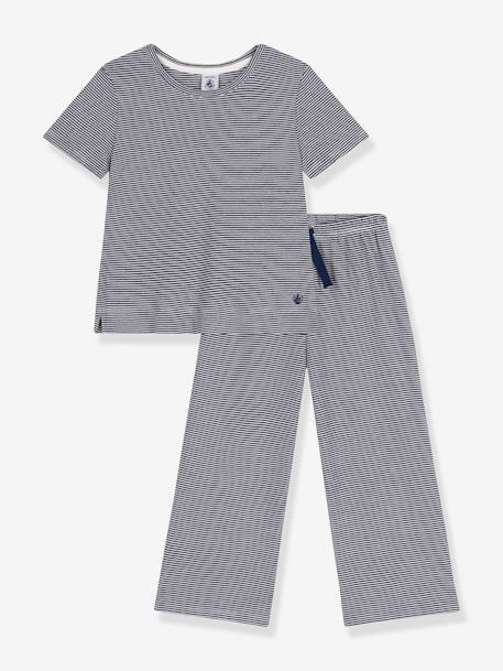 Pyjama kind met korte mouwen en wijde pijpen, gestreept PETIT BATEAU marineblauw - vertbaudet enfant 