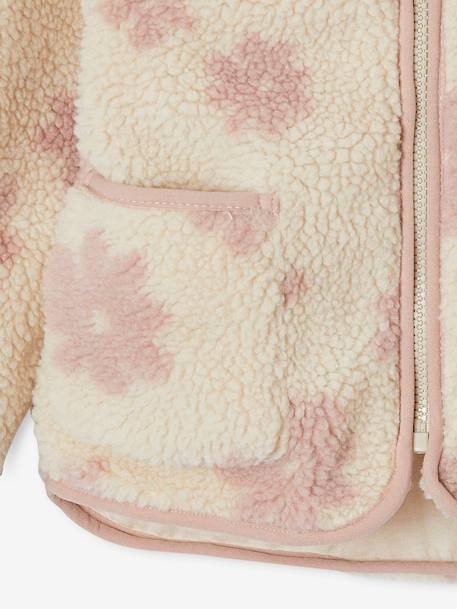 Sherpa vest met capuchon en bloemenprint voor meisjes ecru+vanille+zachtpaars - vertbaudet enfant 