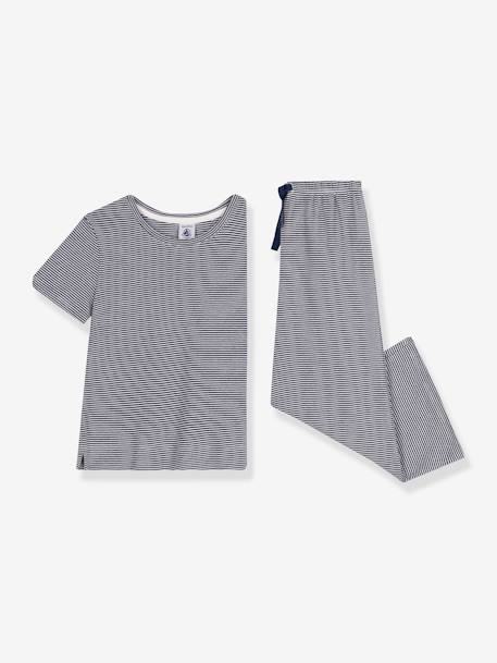Pyjama kind met korte mouwen en wijde pijpen, gestreept PETIT BATEAU marineblauw - vertbaudet enfant 