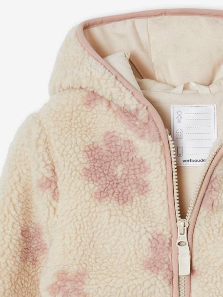 Sherpa vest met capuchon en bloemenprint voor meisjes ecru+vanille+zachtpaars - vertbaudet enfant 