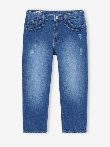 Rechte jeans MorphologiK meisjes heupomvang Large donkerblauw+gebleekt denim+stone - vertbaudet enfant 