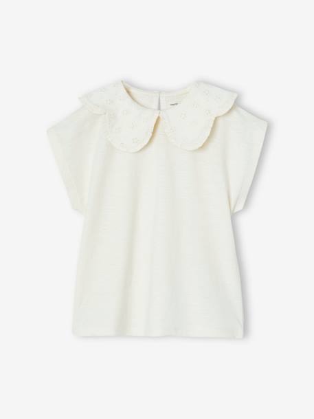 Meisjesshirt met geborduurde kraag ecru+koraal - vertbaudet enfant 