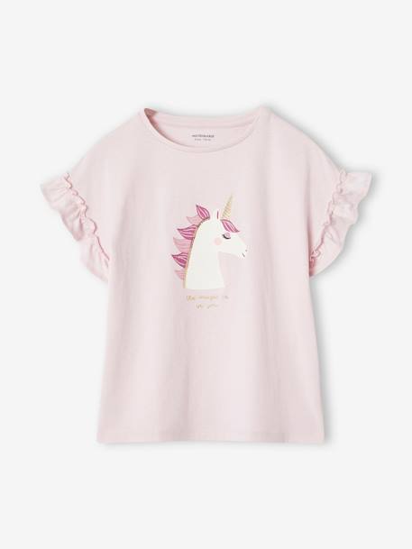 Meisjes-T-shirt met iriserend motief en korte mouwen met ruches antraciet+lichtgeel+lichtroze+marineblauw - vertbaudet enfant 