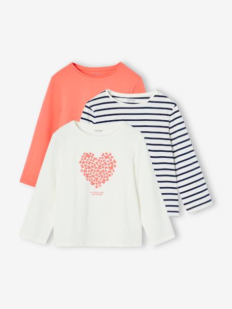 Set van 3 BASICS meisjesshirts met lange mouwen antraciet+ecru+grijsblauw+indigoblauw+koraal+rozen+zachtpaars - vertbaudet enfant 
