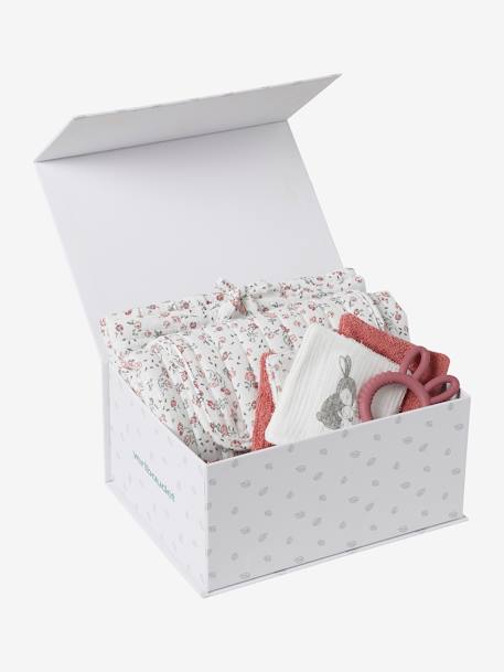 8-delige kraamcadeauset: 1 rammelaar, 1 aankleedkussen, 5 doekjes, 1 etui groen, bedrukt+okergeel+wit, bedrukt - vertbaudet enfant 