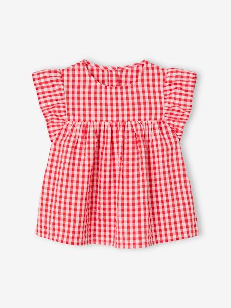 Gebloemde meisjesblouse met korte mouwen en ruches rood, geruit+wit, bedrukt - vertbaudet enfant 