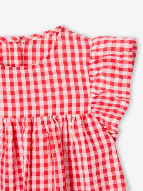 Gebloemde meisjesblouse met korte mouwen en ruches rood, geruit+wit, bedrukt - vertbaudet enfant 