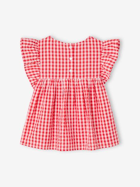 Gebloemde meisjesblouse met korte mouwen en ruches rood, geruit+wit, bedrukt - vertbaudet enfant 