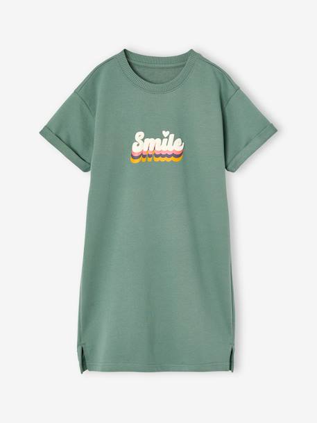 Meisjesjurk in lichte fleece met aangebracht motief blauw, gestreept+gemêleerd grijs+groen+saliegroen - vertbaudet enfant 