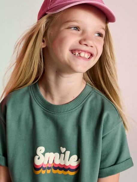 Meisjesjurk in lichte fleece met aangebracht motief blauw, gestreept+gemêleerd grijs+groen+saliegroen - vertbaudet enfant 