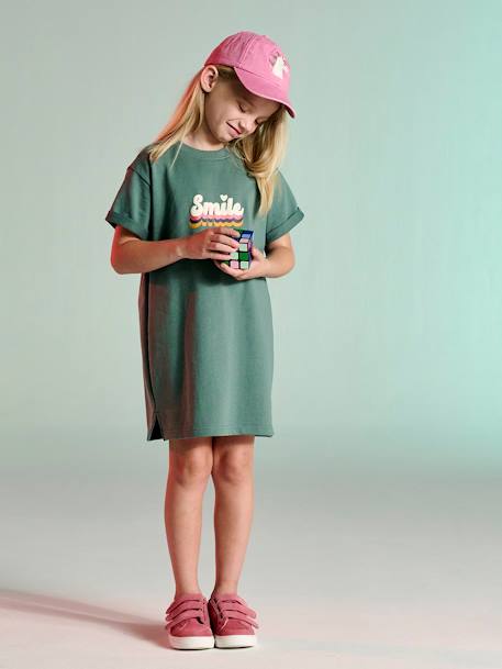 Meisjesjurk in lichte fleece met aangebracht motief blauw, gestreept+gemêleerd grijs+groen+saliegroen - vertbaudet enfant 