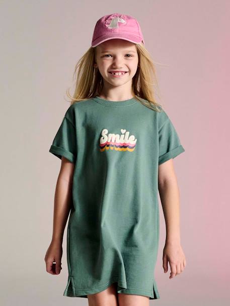 Meisjesjurk in lichte fleece met aangebracht motief blauw, gestreept+gemêleerd grijs+groen+saliegroen - vertbaudet enfant 