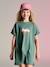 Meisjesjurk in lichte fleece met aangebracht motief blauw, gestreept+gemêleerd grijs+groen+saliegroen - vertbaudet enfant 