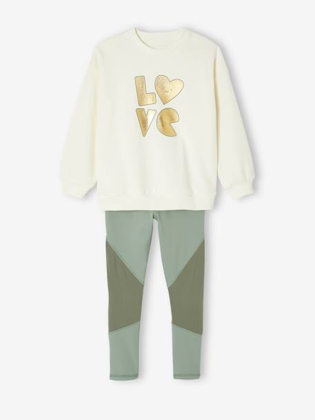Meisjes sportset sweatshirt met goudmotief + legging saliegroen - vertbaudet enfant 