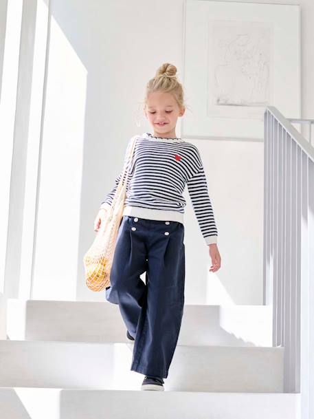 Wijde meisjesbroek met knopen marineblauw+rood - vertbaudet enfant 