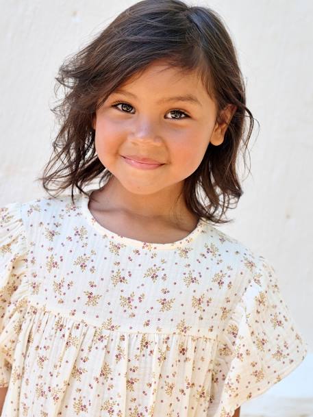 Jurk met bloemenprint van katoenen gaas beige+beige, bedrukt+lichtroze+vanille - vertbaudet enfant 