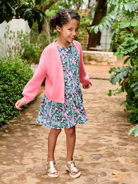 Meisjesjurk met print beige, bedrukt+groen, bedrukt+groengrijs+meerkleurig - vertbaudet enfant 