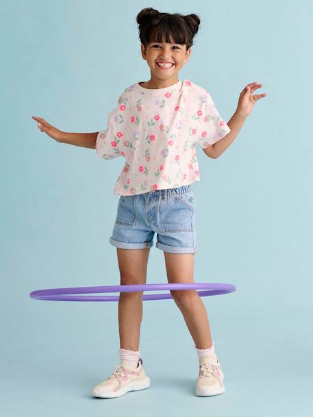 Meisjesshort van jeanstof Basics lichtblauw+middenblauw+ongewassen denim - vertbaudet enfant 