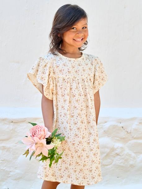Jurk met bloemenprint van katoenen gaas beige+beige, bedrukt+lichtroze+vanille - vertbaudet enfant 