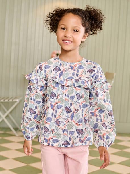 Meisjesblouse met ruches met bloemenprint ecru+marineblauw+wit, bedrukt - vertbaudet enfant 