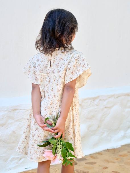 Jurk met bloemenprint van katoenen gaas beige+beige, bedrukt+lichtroze+vanille - vertbaudet enfant 