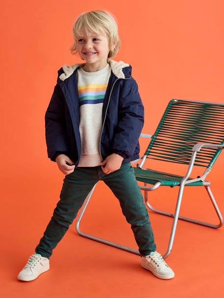 Windjack met capuchon en sherpavoering voor jongens kaki+karamel+marineblauw+olijf - vertbaudet enfant 