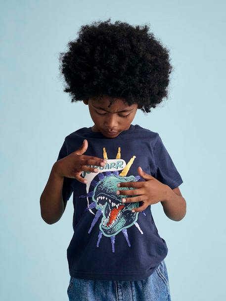 Jongensshirt met motief in omkeerbare pailletten Basics blauwgroen+ecru+nachtblauw+oceaanblauw+wit - vertbaudet enfant 
