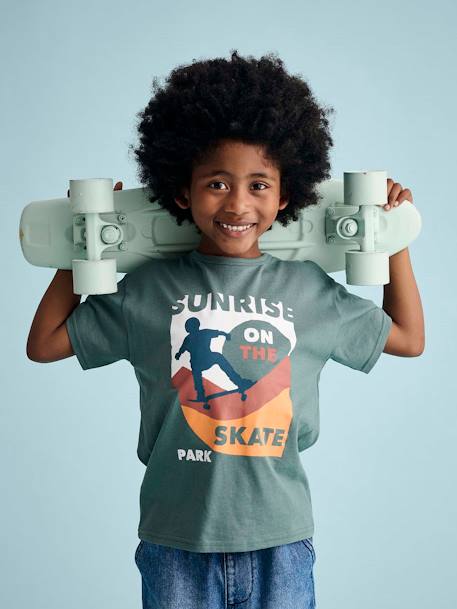 Jongensshirt met korte mouwen en grafisch ontwerp blauwgroen+wit - vertbaudet enfant 