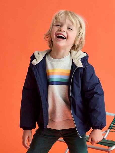 Windjack met capuchon en sherpavoering voor jongens kaki+karamel+marineblauw+olijf - vertbaudet enfant 