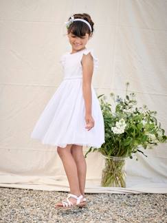 Meisje-Jurk-Ceremoniejurk met twee materialen in broderie anglaise en tule voor meisjes 