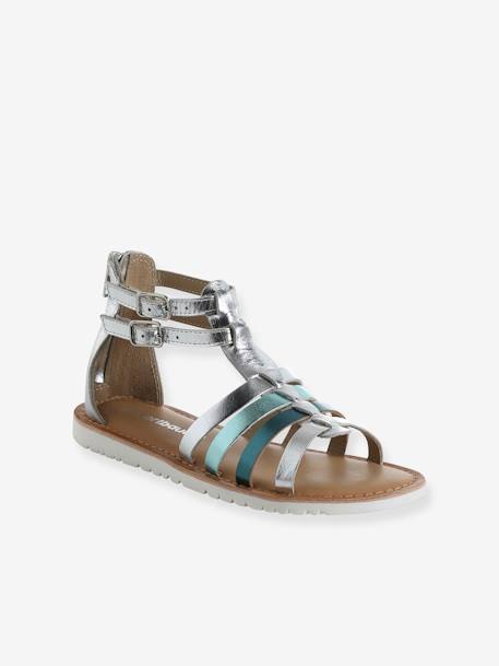 Sandalen met bandjes in spartaanse stijl van leer voor kinderen zilver - vertbaudet enfant 