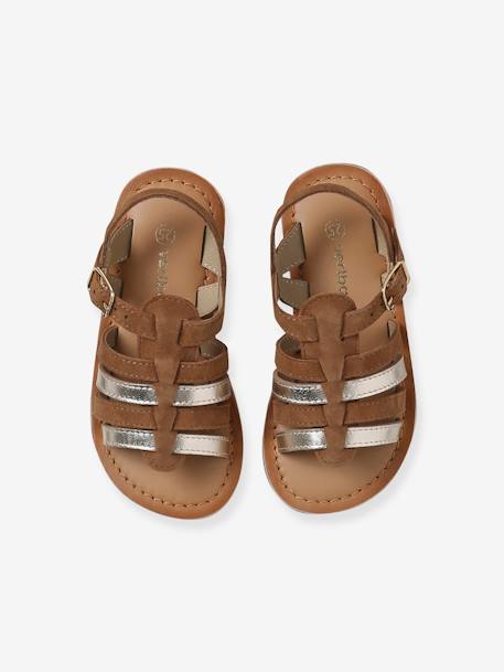 Lederen meisjessandalen met verschillende bandjes, collectie kleuterschool 6510+karamel+meerkleurig - vertbaudet enfant 