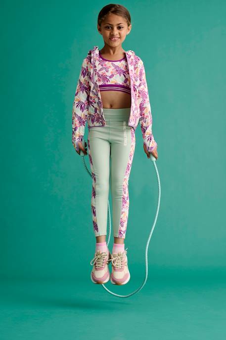 Sport sweatshirt met rits en bloemenprint in technisch materiaal antraciet+ecru+groen, bedrukt+oudroze - vertbaudet enfant 