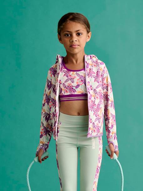 Sport sweatshirt met rits en bloemenprint in technisch materiaal antraciet+ecru+groen, bedrukt+oudroze - vertbaudet enfant 