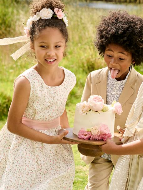 Feestelijke meisjesjurk met aquarel bloemmotieven aan de onderkant lichtblauw+lichtroze+roze, bedrukt+wit+wit, bedrukt - vertbaudet enfant 