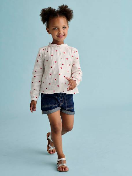 Personaliseerbare meisjesblouse van katoenen gaas ecru+lichtroze+wit, bedrukt - vertbaudet enfant 