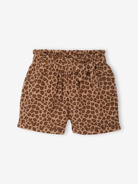 Meisjesshort in 'paperbag'-stijl, van katoengaas beige+felblauw+koraal+saliegroen - vertbaudet enfant 
