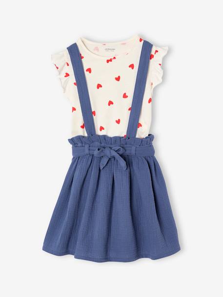 Set meisjesshirt met strepen + rok van katoengaas indigoblauw+lila+saliegroen - vertbaudet enfant 