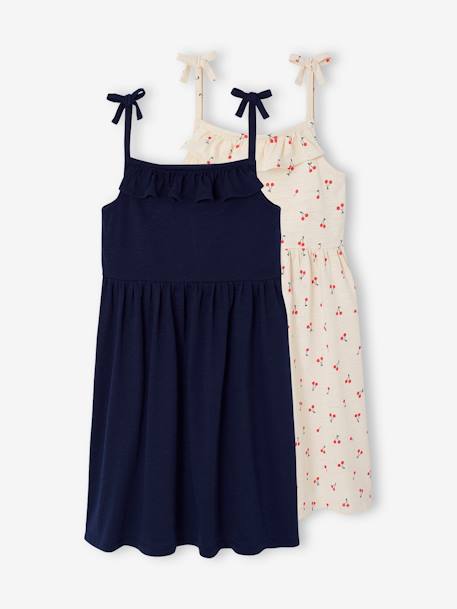 Set van 2 meisjesjurken met schouderbandjes, 1 bedrukt + 1 effen marineblauw+saliegroen - vertbaudet enfant 