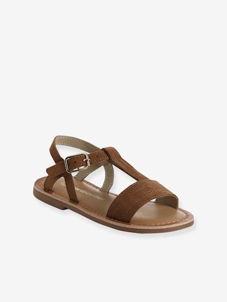 Leren sandalen voor meisjes, collectie kleuterschool 6467+bruin+bruin, bedrukt+turquoiseblauw - vertbaudet enfant 